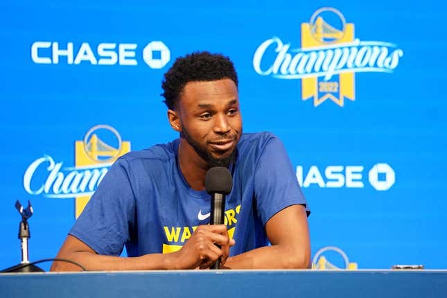 Apr 4, 2023; San Francisco, California, USA; Golden State Warriors forward Andrew Wiggins (22) during a pregame press conference against the Oklahoma City Thunder at the Chase Center.