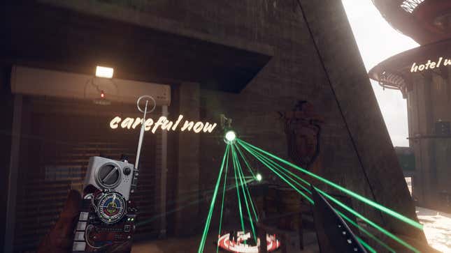 A walkie-talkie-looking device hacks a turret.