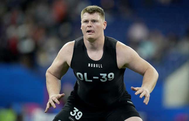 March 5, 2023;  Indianapolis, IN, USA;  Minnesota offensive lineman John Michael Schmitz, Jr. (OL39) at Lucas Oil Stadium during the NFL Scouting Combine.