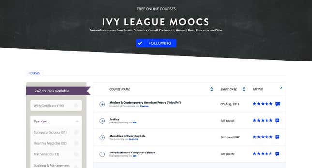 Image for article titled Here are 250 Ivy League courses you can take online right now for free