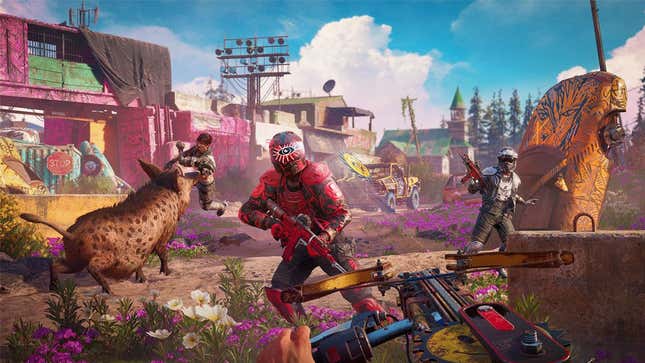 Pink and gray enemy soldiers attacking the player in Far Cry: New Dawn. 