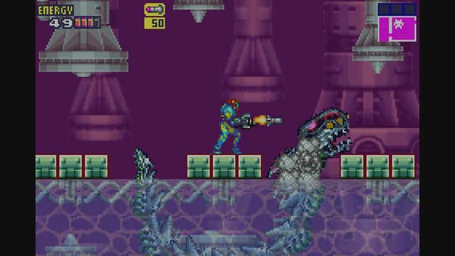 Samus Aran shoots a monster in Metroid Fusion, one of the best games of 2002.