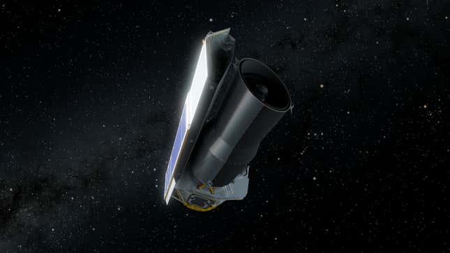 An artistic rendering of the Spitzer Space Telescope hanging in space. The Telescope is cylindrical with a row of solar panels on its side illuminated by the sun. Stars are in the background. 