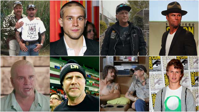 Clockwise from upper left: Joe Exotic and John Finlay (Screenshot: Tiger King/Netflix); Charlie  Hunnam (Photo: Thos Robinson/Getty); Jeff Lowe (Screenshot: Tiger King/Netflix); Walton Goggins (Photo: Kevin Winter/Getty); Ansel Elgort (Photo: Ethan Miller/Getty); Travis Maldonado and Joe Exotic (Screenshot: Tiger King/Netflix); Will Farrell (Photo: Leopoldo Smith/Getty); Doc Antle (Screenshot: Tiger King/(Netflix)