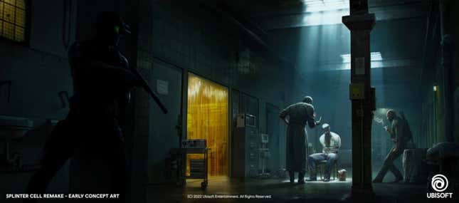 Some early Splinter Cell remake concept art of Sam Fisher eavesdropping on some dudes.