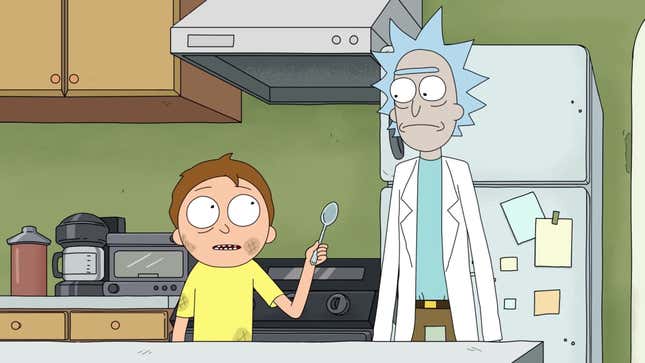 Morty points a spoon at Rick.