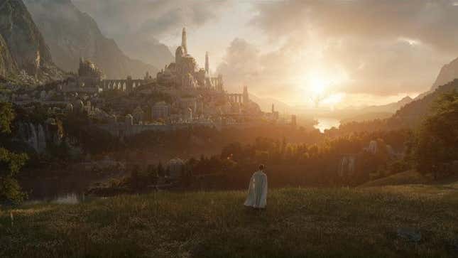 The first image of Amazon's Lord of the Rings features a figure dressed all in white staring from in the distance toward Valinor's city of Valmar.