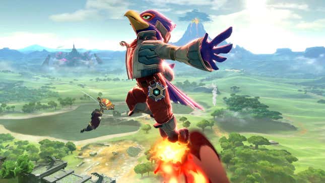 A Super Smash Bros. Ultimate image of Falco ascending to the sky.