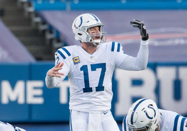 Jan 9, 2021; Orchard Park, New York, USA; Indianapolis Colts quarterback Philip Rivers (17) makes an adjustment at the line of scrimmage in the third quarter wildcard playoff game against the Buffalo Bills at Bills Stadium.