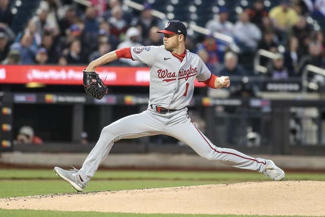Apr 26, 2023; New York City, New York, USA; Washington Nationals starting pitcher MacKenzie Gore (1) pitches in the second inning against the New York Mets at Citi Field.