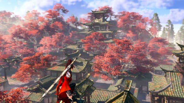 A Naraka: Bladepoint warrior sits atop some buildings and looks out over a lush treescape.