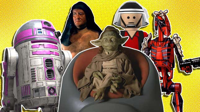 R2-KT, Yaddle, Mr. Bones and other obscure characters grouped together in a collage. 