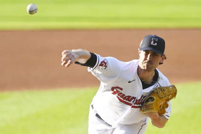 Jul 4, 2023; Cleveland, Ohio, USA; Cleveland Guardians starting pitcher Shane Bieber (57) delivers a pitch in the first inning against the Atlanta Braves at Progressive Field.