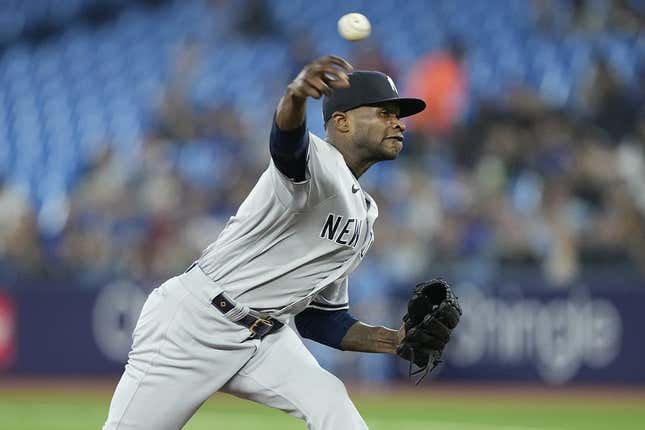 May 16, 2023; Toronto, Ontario, CAN; New York Yankees pitcher Domingo German (0) pitches to the Toronto Blue Jays during the first inning at Rogers Centre.