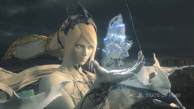 A pale-skinned woman holds her hand open in front of her and conjures a floating ice crystal. 