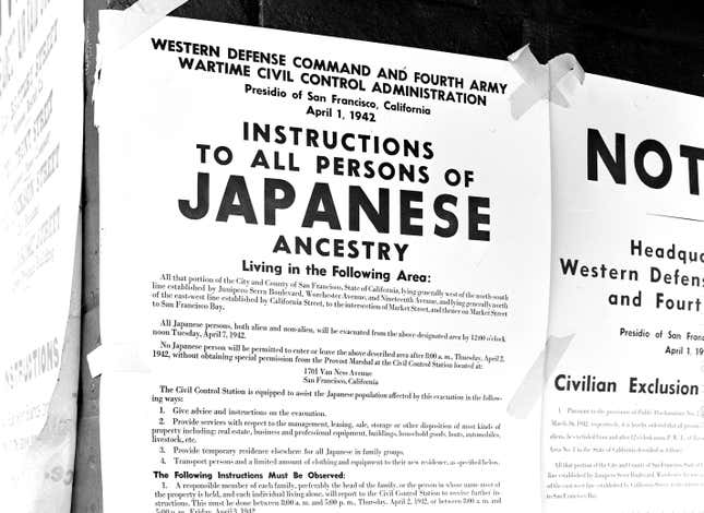San Francisco, California. Exclusion Order posted at First and Front Streets directing removal of persons of Japanese ancestry from the first San Francisco section to be effected by the evacuation 4/11/1942.
