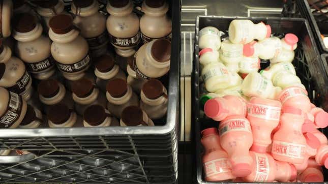 Crates of chocolate, regular, and strawberry milk in a high school cafeteria