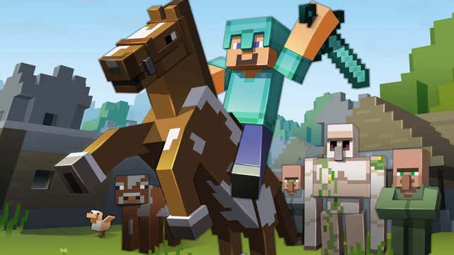 A Minecraft player rides a horse while villagers and a cow look on. 