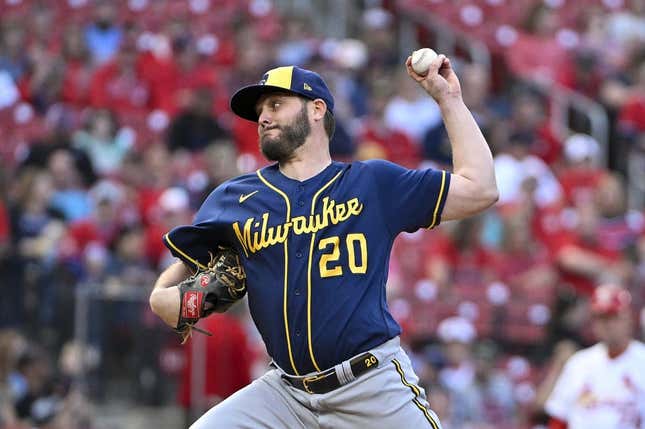May 16, 2023; St. Louis, Missouri, USA;  Milwaukee Brewers starting pitcher Wade Miley (20) pitches against the St. Louis Cardinals during the first inning at Busch Stadium.