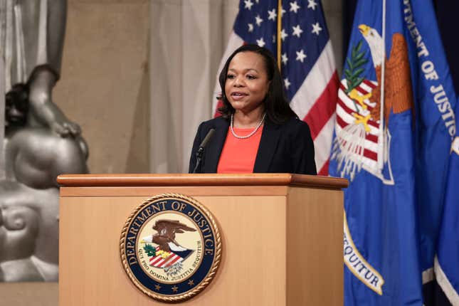 WASHINGTON, DC - OCTOBER 22: U.S. Assistant Attorney General for the Civil Rights Division Kristen Clarke speaks during an event at the Department of Justice on October 22, 2021 in Washington, DC. During the event Attorney General Merrick Garland announced the department’s plans to address issues of redlining and lending discrimination. 