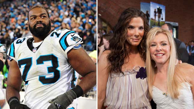 Left: Michael Oher; right: Sandra Bullock and Leigh Anne Tuohy