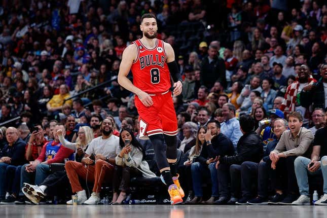 Mar 8, 2023; Denver, Colorado, USA; Chicago Bulls guard Zach LaVine (8) reacts after a play in the fourth quarter against the Denver Nuggets at Ball Arena.
