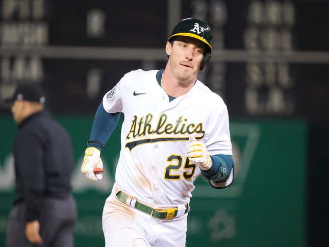 Apr 28, 2023; Oakland, California, USA; Oakland Athletics designated hitter Brent Rooker (25) rounds the bases on a. Two-run home run against the Cincinnati Reds during the ninth inning at Oakland Coliseum.