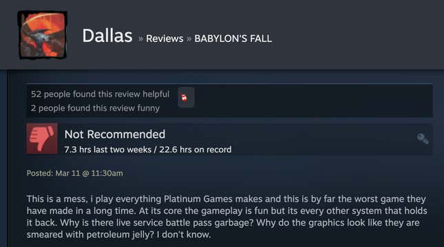 Image for article titled Babylon’s Fall, As Told By Steam Reviews