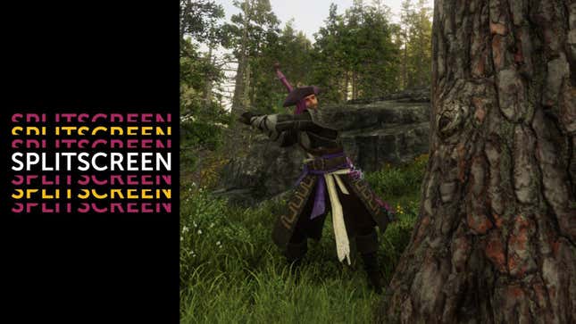 An image with the Splitscreen logo on the left and a purple-haired New World character chopping down trees on the right.