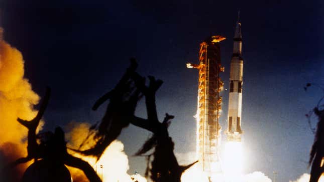 A photo of NASA's Saturn V rocket launching in America. 
