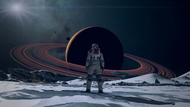 An astronaut looks at a ringed planet.