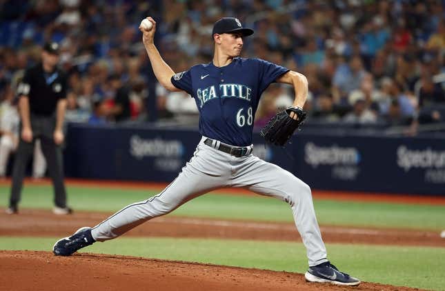 Sep 8, 2023; St. Petersburg, Florida, USA; Seattle Mariners starting pitcher George Kirby (68) throws a pitch against the Tampa Bay Rays during the third inning at Tropicana Field.
