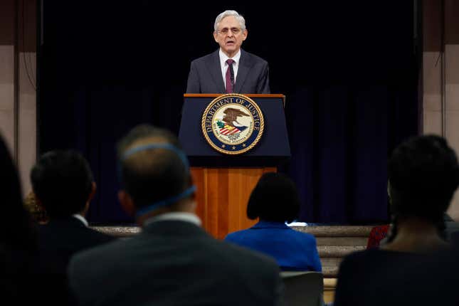 U.S. Attorney General Merrick Garland delivers remarks during an event to mark the first anniversary of the COVID-19 Hate Crimes Act at the Department of Justice Robert F. Kennedy Building on May 20, 2022, in Washington, DC. 