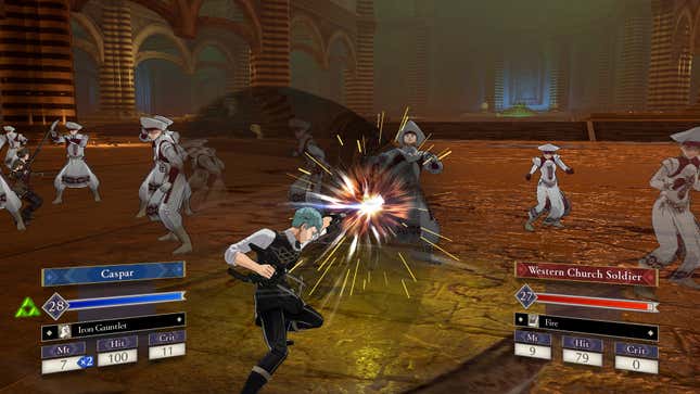 Caspar punches a soldier in Fire Emblem Three Houses on Nintendo Switch.