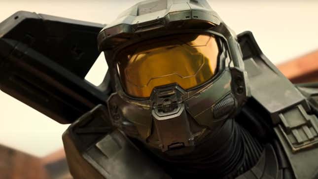 Halo's Master Chief, crouched over and ready to race into battle.