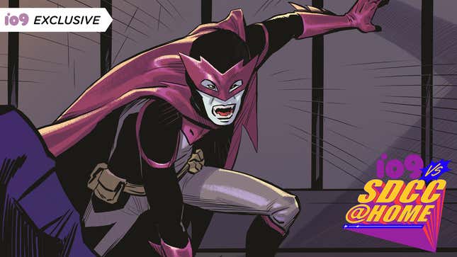 A vampire decked out in a superhero costume, including domino mask and cape, bares his fangs at an unseen foe.