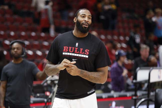 Apr 2, 2023; Chicago, Illinois, USA; Chicago Bulls center Andre Drummond (3) smiles as he warms up before an NBA game against the Memphis Grizzlies at United Center.