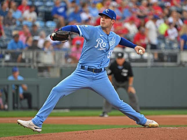 Aug 12, 2023; Kansas City, Missouri, USA;  Kansas City Royals starting pitcher Cole Ragans (55) delivers a pitch in the first inning against the St. Louis Cardinals at Kauffman Stadium.