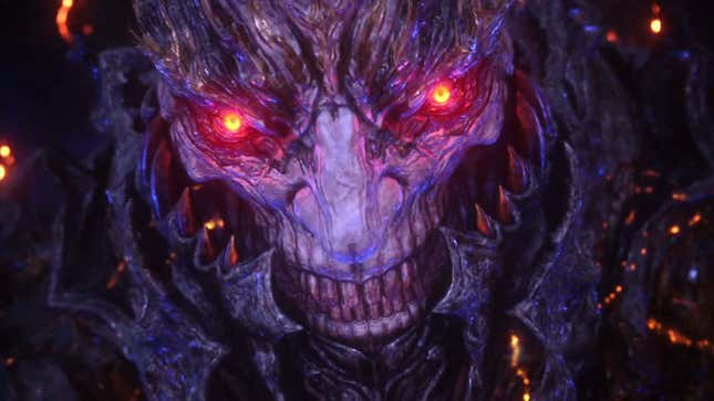 A screenshot shows a scary and purple demonic face with red eyes from the game. 