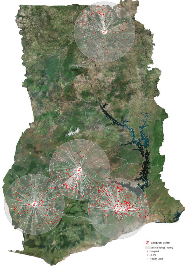 A map of Ghana showing Zipline’s four operation centers