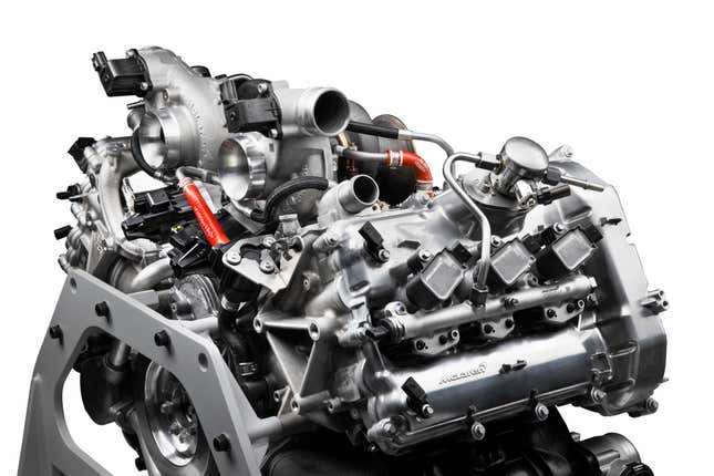 McLaren’s new V6 engine has an unusual 120-degree vee angle, with two turbos stuffed in the middle.