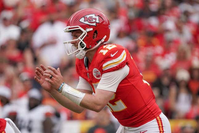 Aug 26, 2023; Kansas City, Missouri, USA; Kansas City Chiefs quarterback Patrick Mahomes (15) readies for the snap against the Cleveland Browns during the game at GEHA Field at Arrowhead Stadium.
