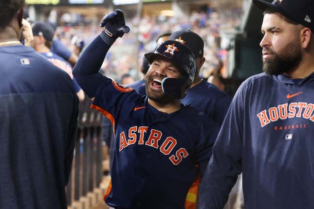 Sep 5, 2023; Arlington, Texas, USA; Houston Astros second baseman Jose Altuve (27) celebrates hitting a home run with his teammates in the third inning against the Texas Rangers at Globe Life Field.