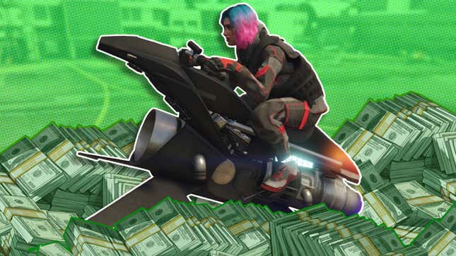 A person riding a jetbike in GTA Online flies through a large pile of green cash. 