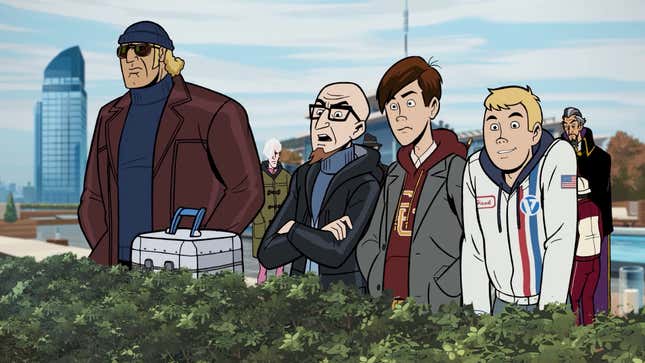 The cast of the Venture Bros, on a rooftop in New York and watching the city from below. 