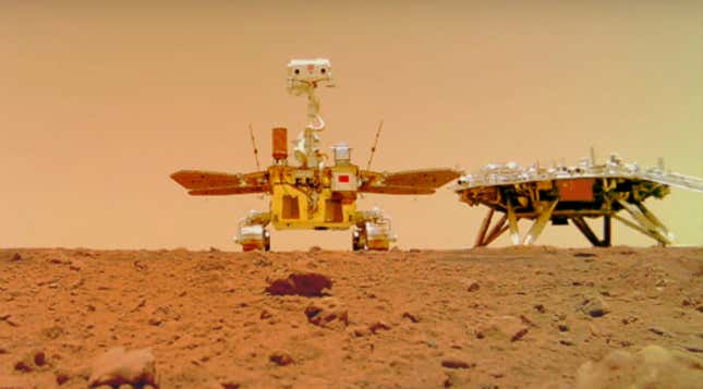 The Zhurong rover and lander shortly after arriving on Mars. The photo was captured by a deployable camera.