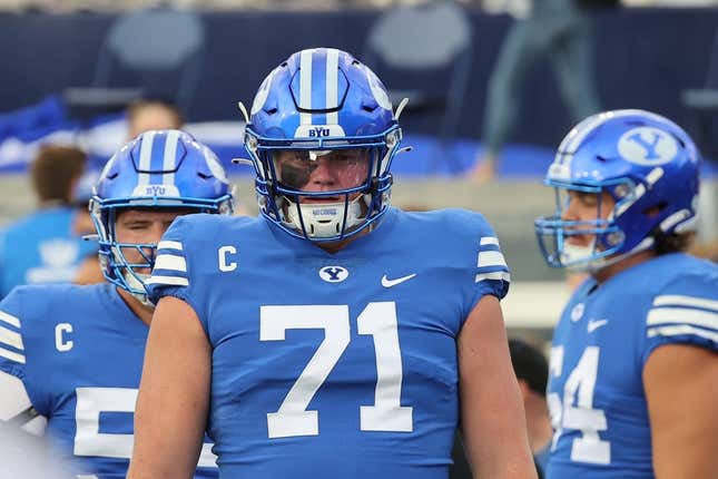 Sep 29, 2022; Provo, Utah, USA; Brigham Young Cougars offensive lineman Blake Freeland (71) before playing against the Utah State Aggies at LaVell Edwards Stadium.