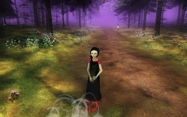 A protagonist in The Path stands in the forest.
