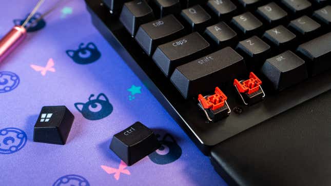 A photo of the red linear switches on the razer keyboard, exposed