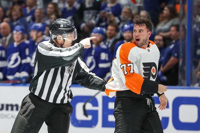 Mar 7, 2023; Tampa, Florida, USA;  Philadelphia Flyers defenseman Tony DeAngelo (77) reacts after a penalty during a game against the Tampa Bay Lightning in the third period at Amalie Arena.